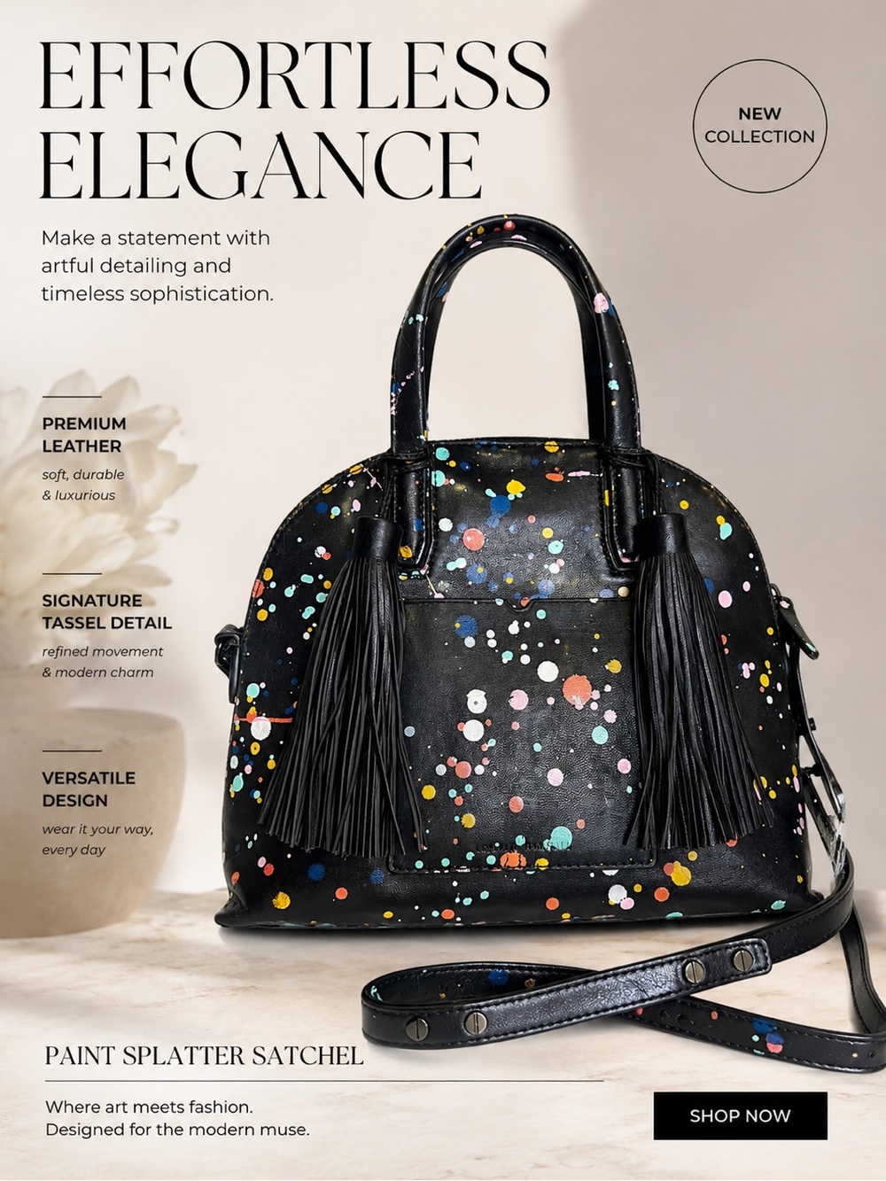 Loeffler Randall Dome Splatter Paint Leather Satchel Black With Tassels Chic